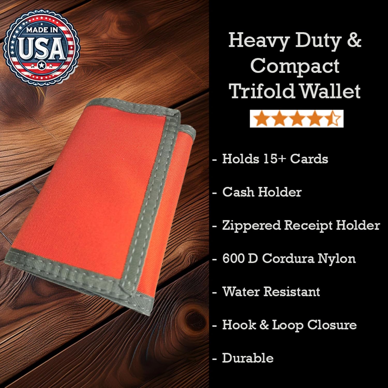 Tactical Nylon Trifold Wallet with Inside ID for Men - Durable 600D Cordura, Water-Resistant, 15+ Card Slots, for Military, Outdoor & Travel, Compact 5x3.25in, USA Made (Orange w/ Coyote Brown Trim)