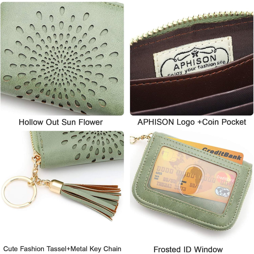APHISON RFID Credit Card Holder Zipper Card Case Keychain Small Wallet for Women 1927 GREEN