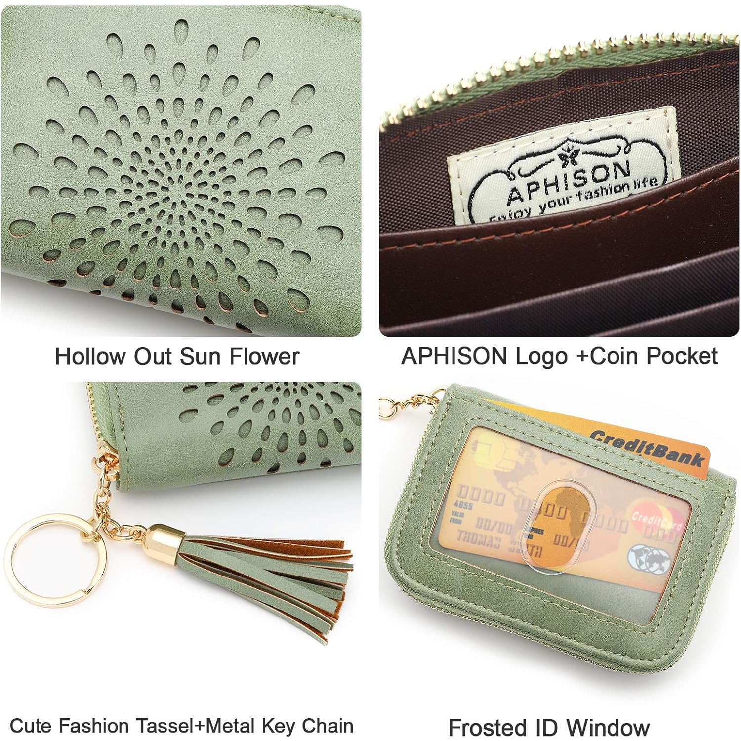APHISON RFID Credit Card Holder Zipper Card Case Keychain Small Wallet for Women 1927 GREEN