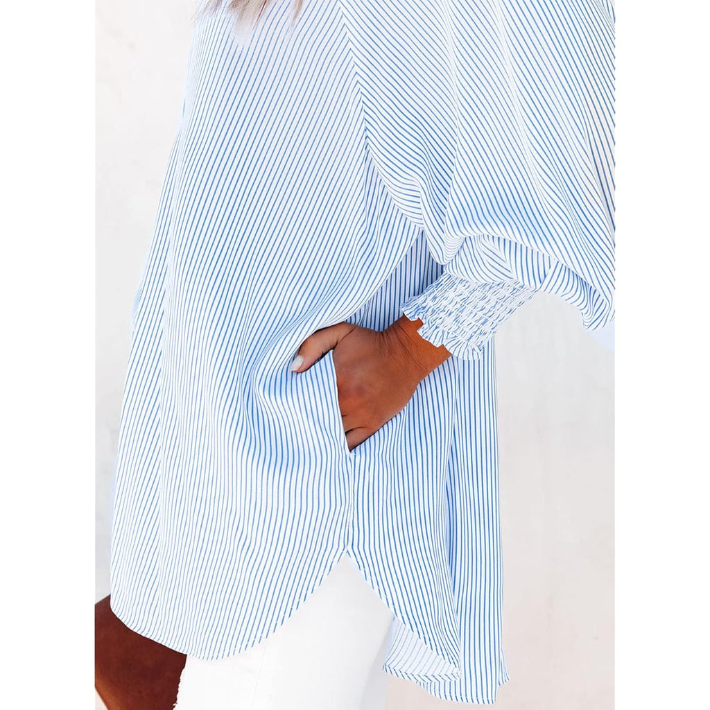 Womens Smocked Cuffed Striped Boyfriend Shirt Casual Collar Long Sleeve Oversized Button Down Blouse Tops with Pocket Shirred