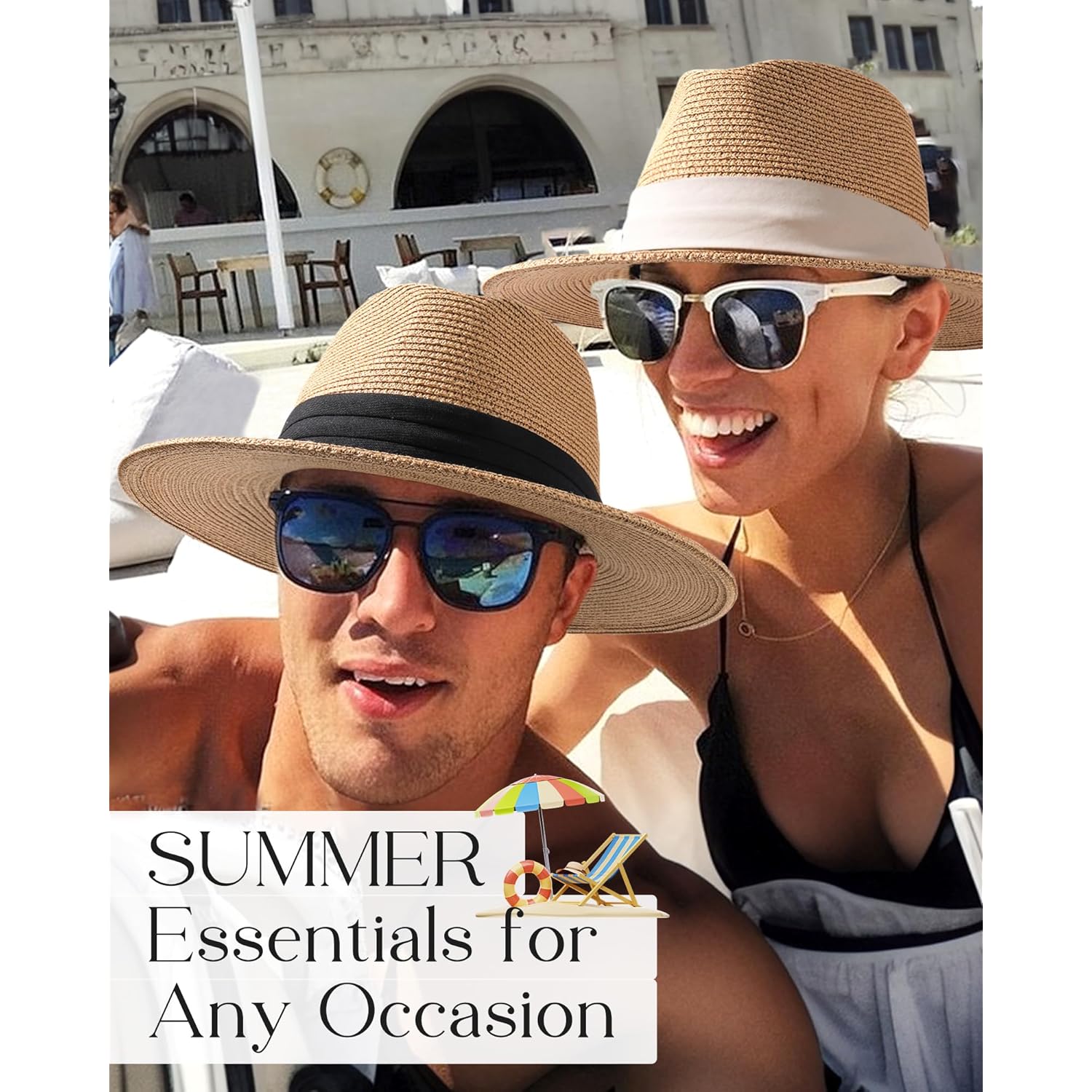 FURTALK Panama Hat Sun Hats for Women Men Wide Brim Fedora Straw Beach Hat UV UPF 80+
