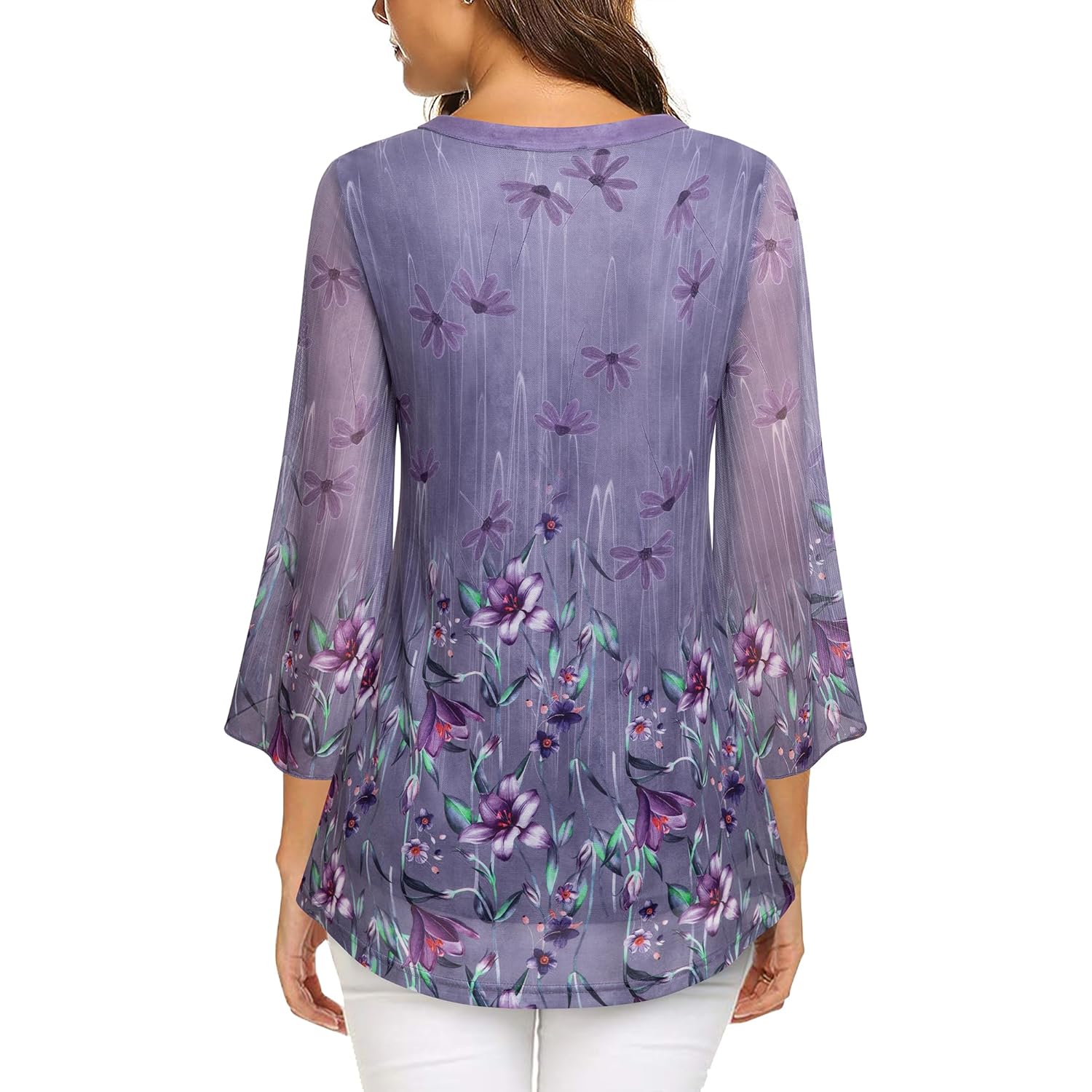 VALOLIA Women's 3/4 Sleeve Floral Tunic Tops V Neck Double Layers Loose Fit Mesh Blouses Shirt