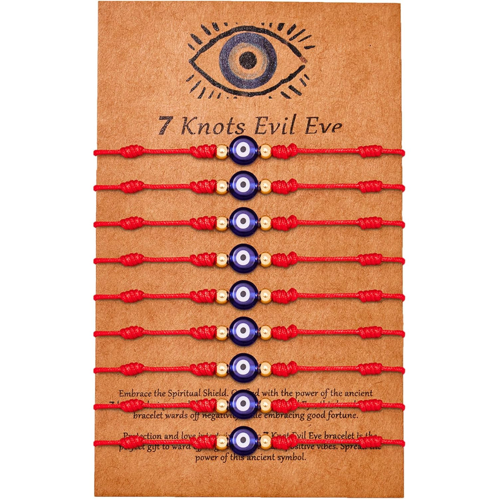 9pcs Evil Eye 7 Knot Lucky Bracelets, Rakhi for Brother and Bhabhi Adjustable Red String Amulet for Women Men with Gold Bead, Protection Jewelry Hand Bracelet