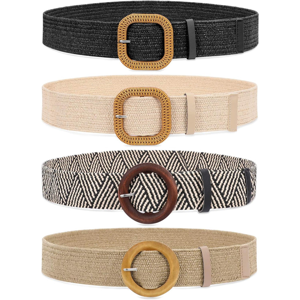 WHIPPY Set of 3/4 Straw Woven Elastic Stretch Waist Belts for Women, Fashion Boho Ladies Braided Skinny Dress Belt