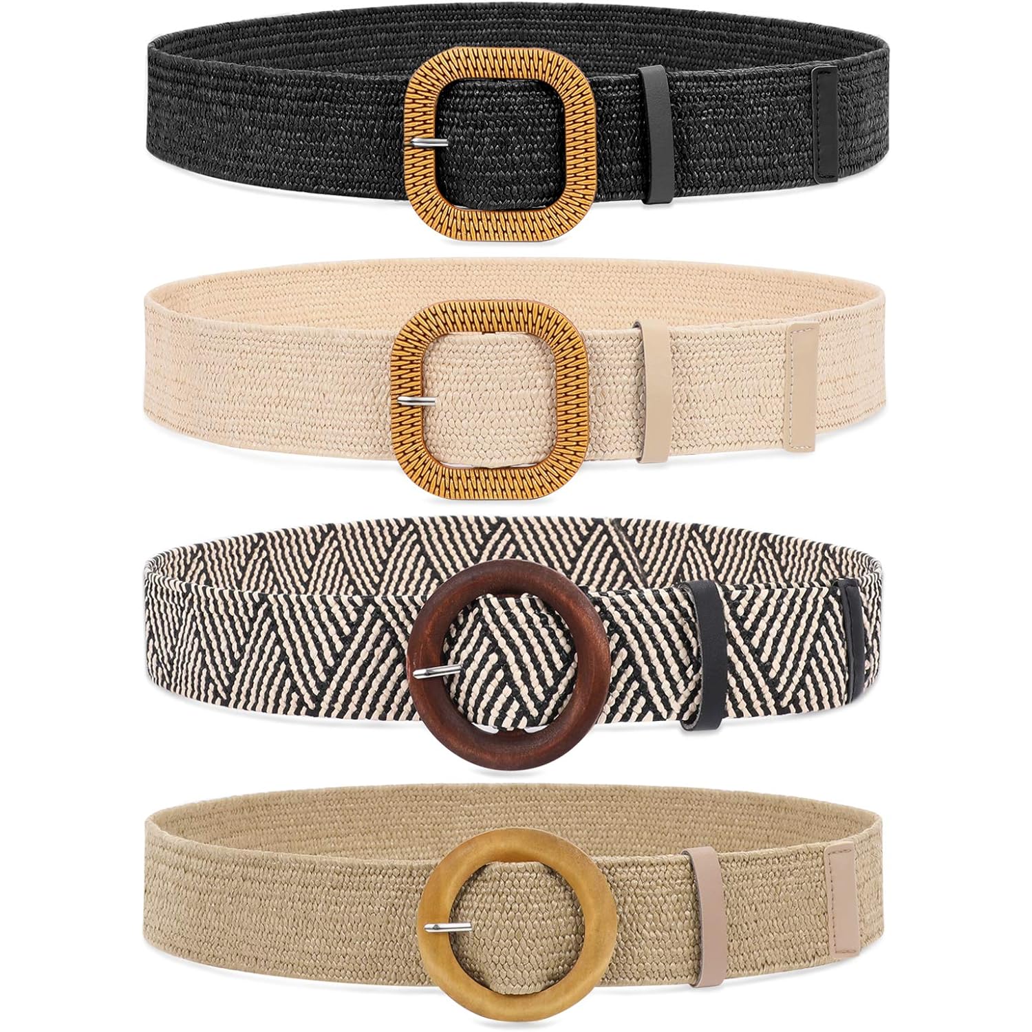 WHIPPY Set of 3/4 Straw Woven Elastic Stretch Waist Belts for Women, Fashion Boho Ladies Braided Skinny Dress Belt