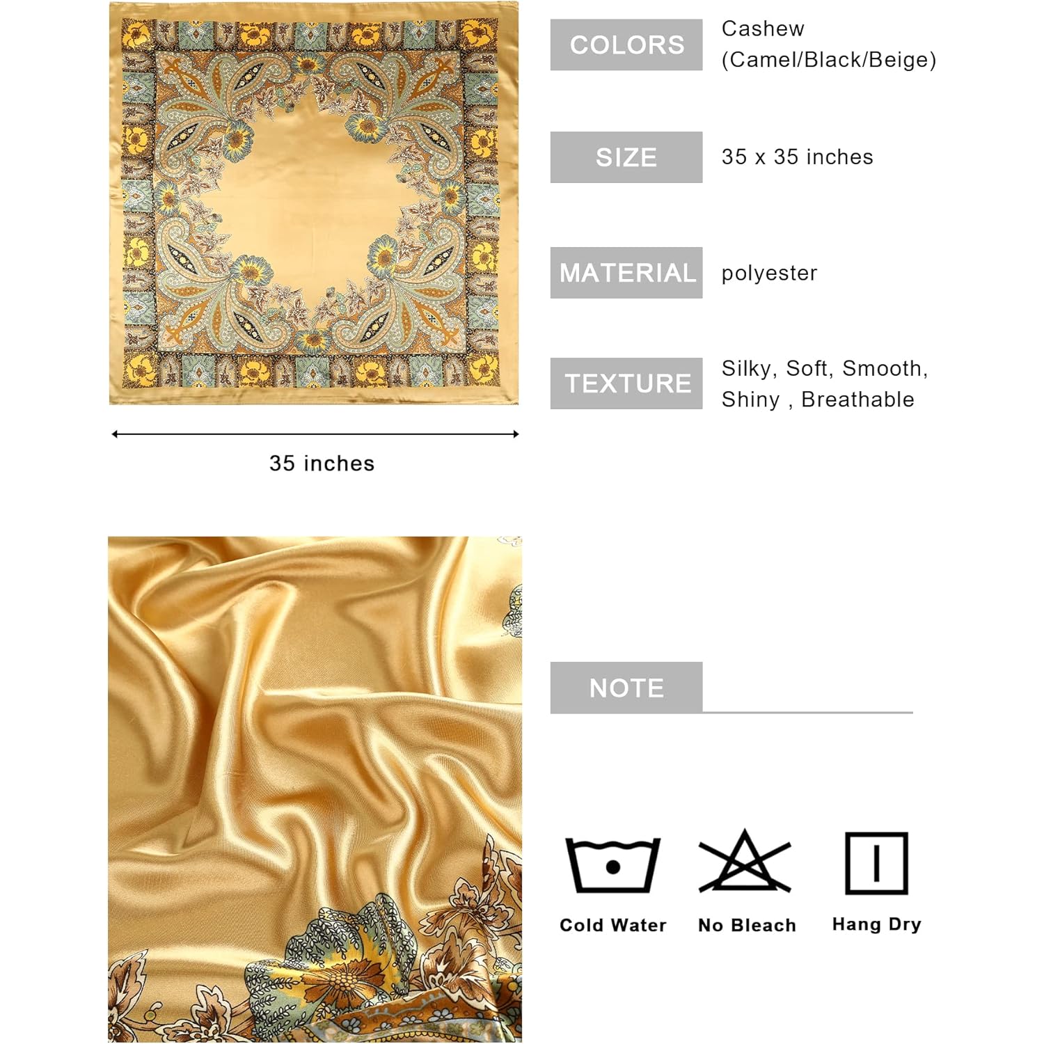 AWAYTR 35” Large Square Satin Head Scarf - 3Pcs Satin Hair Scarves Silk Bandana Scarf Headscarf Silk Feeling Scarf for Women