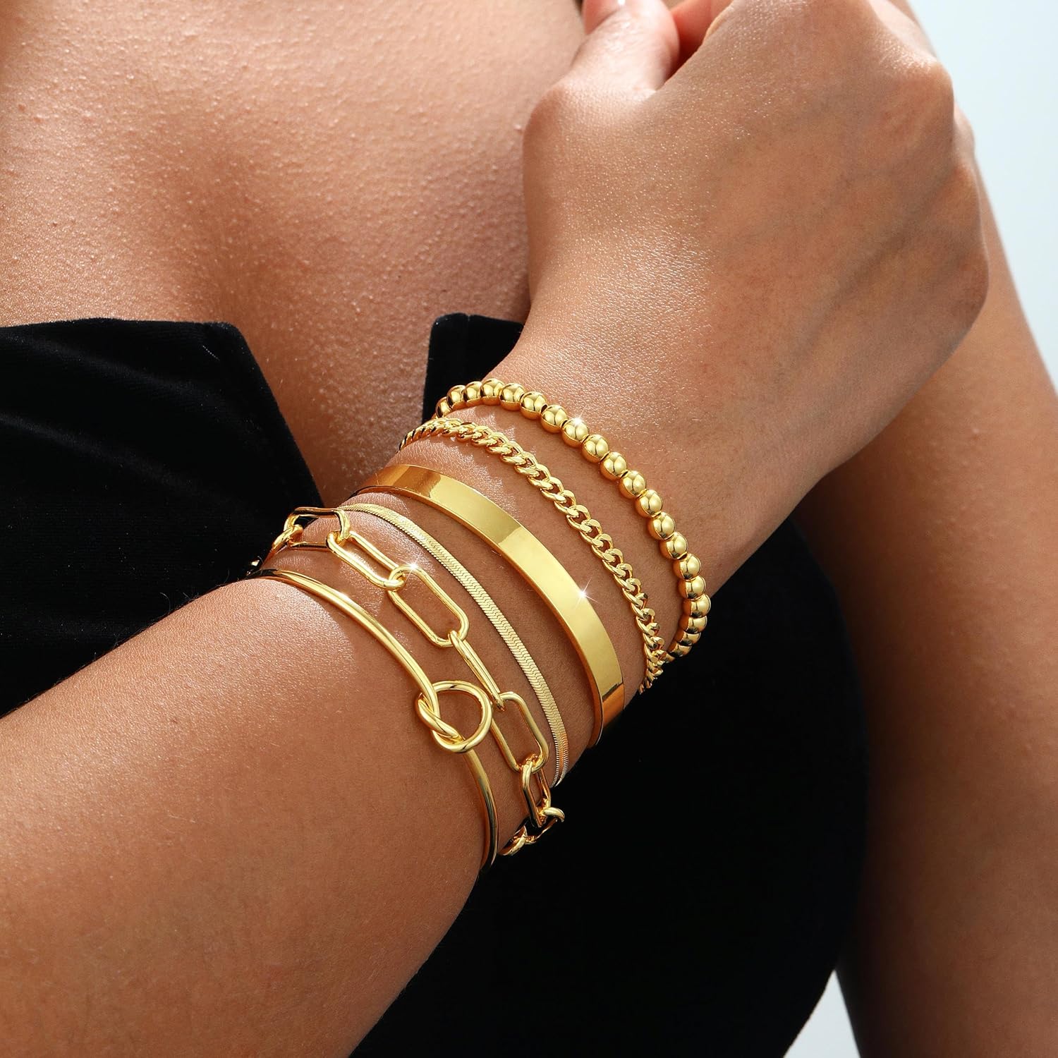 Gold Bracelets for women 14K Gold Bangle Bracelet Stack - Adjustable Waterproof Trendy Bracelets Gold Filled Stacks Bangles Link Chain Gold Bracelet Non Tarnish for Women Jewelry Gifts