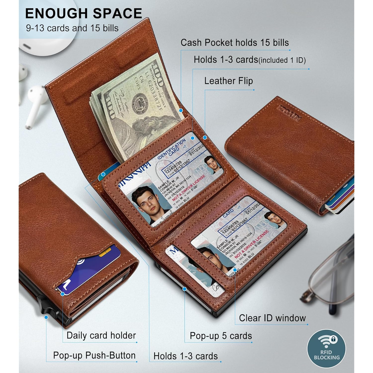 Wallet for Men,with Cash Pocket 2 ID Window 9-13 Cards,Metal Case Smart Slim Pop Up Credit Card Holder Flip with Magnetic Closure RFID Blocking Trifold wallet with Gift Box
