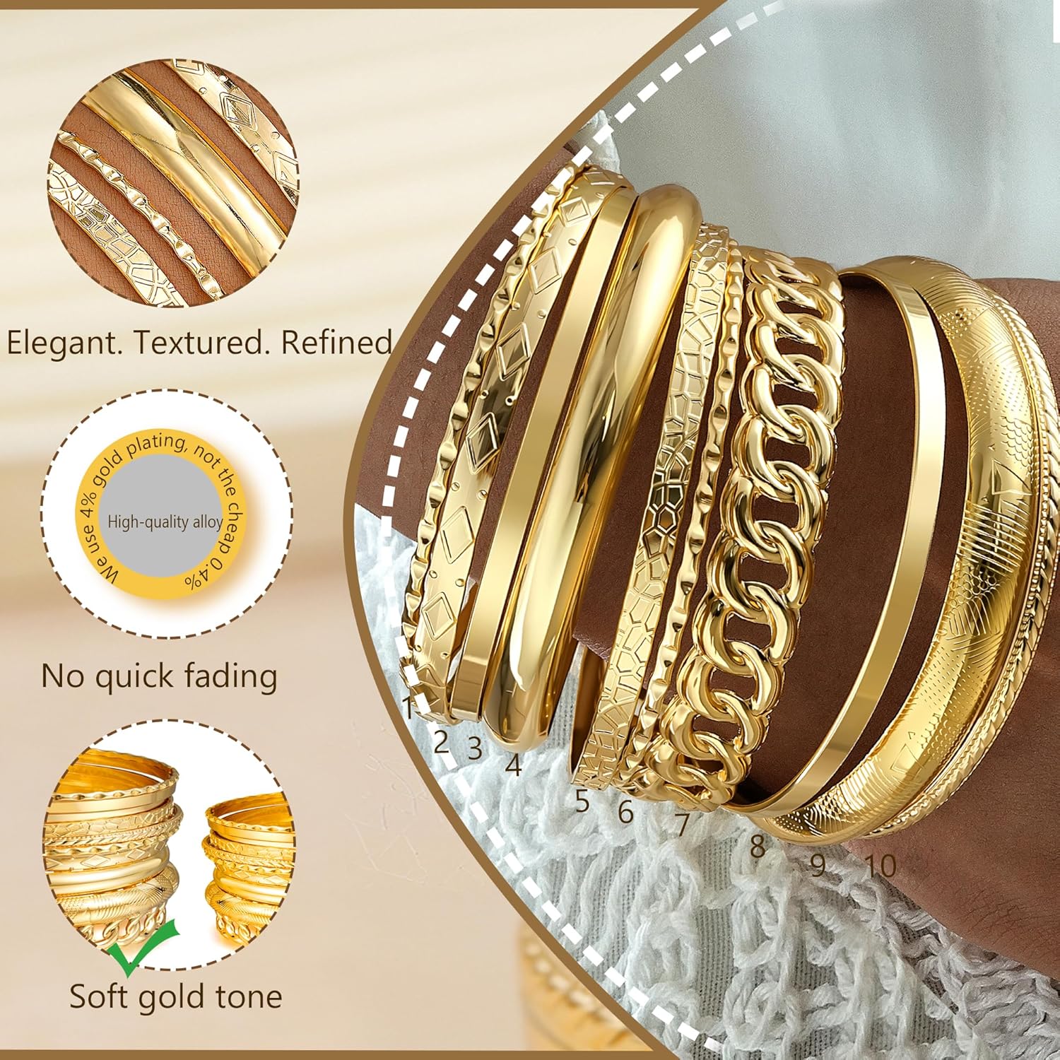 ÌF ME Gold Bangle Bracelets for Women, Indian Bangles Stackable Set, Multi Layer Textured 14K Gold Plated Chunky Bracelets Boho Jewelrys Set