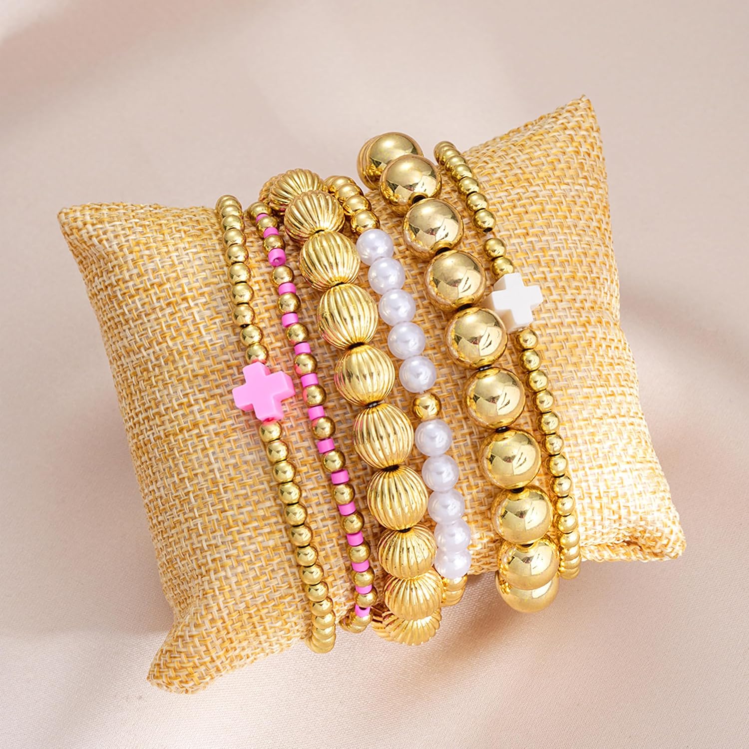 HUASAI Gold Beaded Bracelet Stack for Women Trendy Non Tarnish Chunky Stretch Paperclip Cross Pearl Bracelets Set Stackable Jewelry Costume Accessories