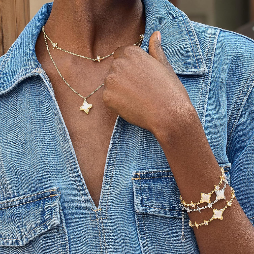 Cicy Bell Womens 18k Gold Plated White Shell Cubic Zirconia Square Cross Adjustable Chain Link Bracelets 6.69" with 2" Extender