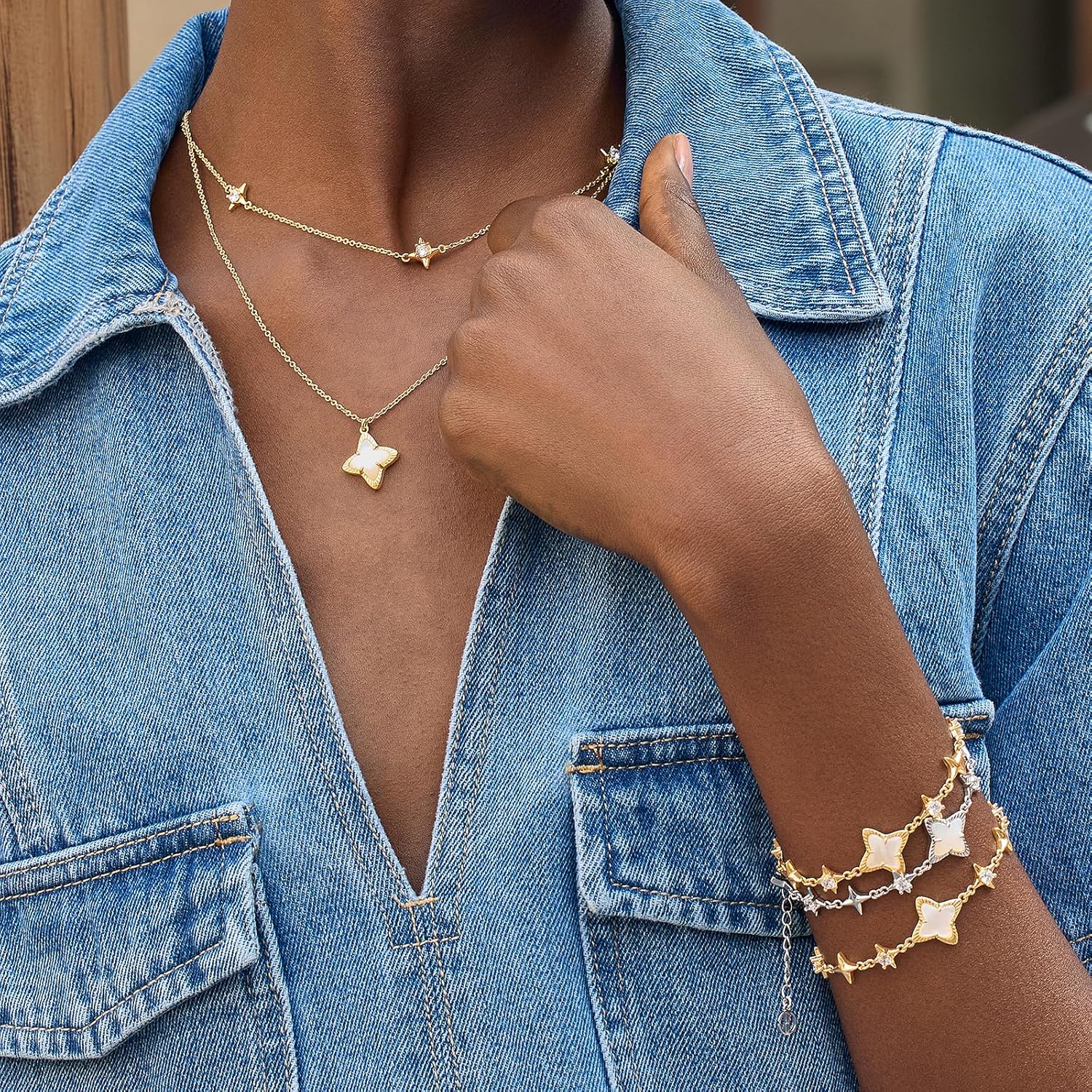 Cicy Bell Womens 18k Gold Plated White Shell Cubic Zirconia Square Cross Adjustable Chain Link Bracelets 6.69" with 2" Extender