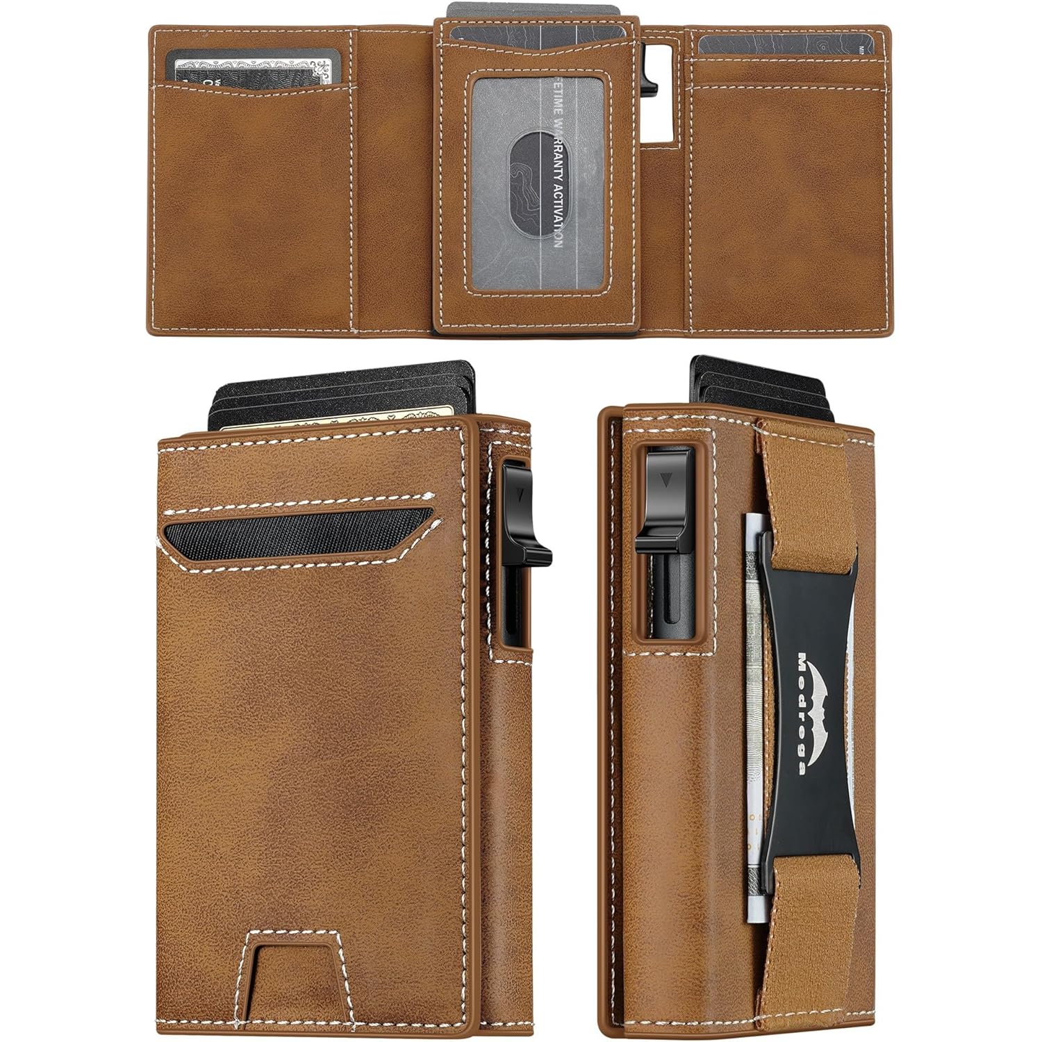 Leather Wallet for Men Slim Minimalist: Smart Pop Up Wallet with Cash Strap - RFID Front Pocket Trifold Credit Card Holder - Gift for Man Husband at Anniversay Brithday