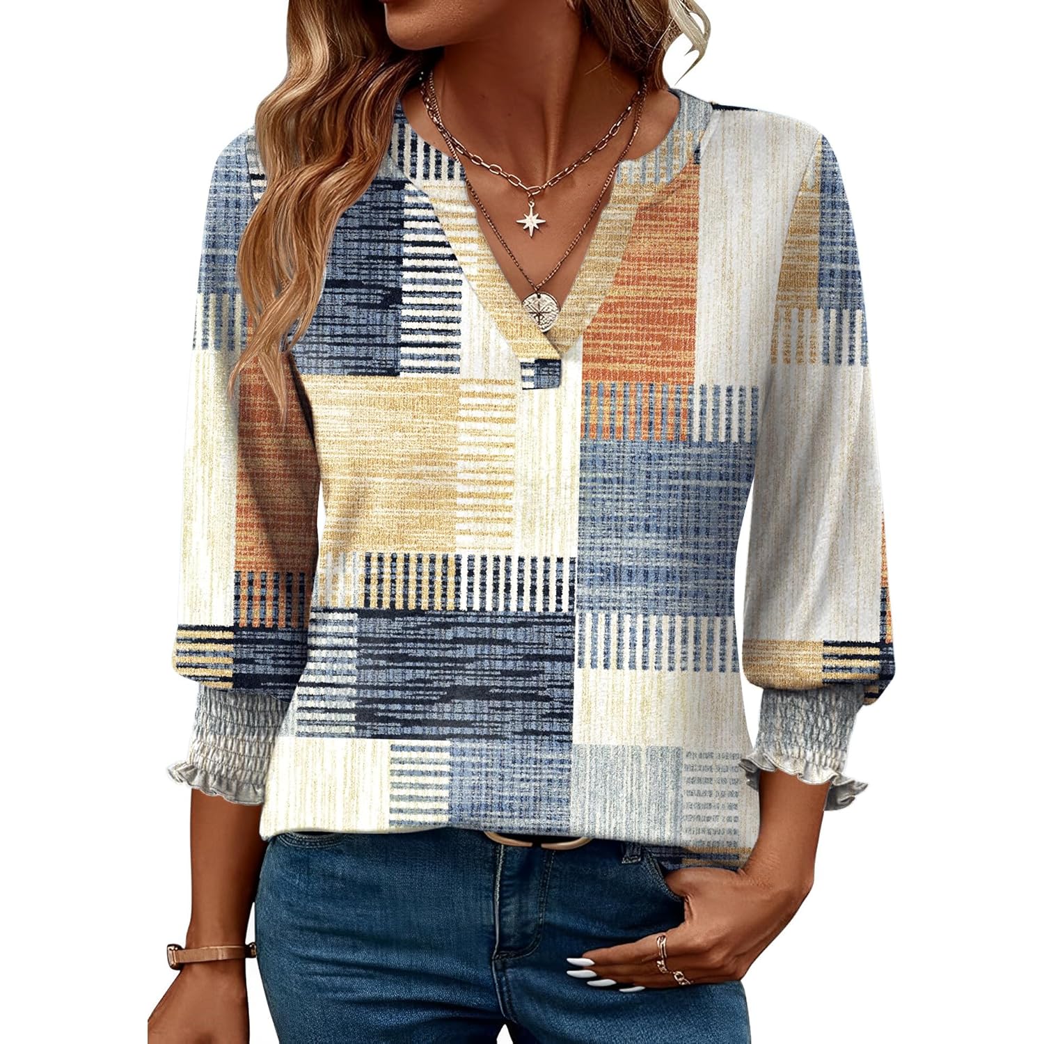 LOMON Women's 2025 Fashion Tops 3/4 Length Sleeve Business Casual Blouses Summer Tees Shirts（S-4XL
