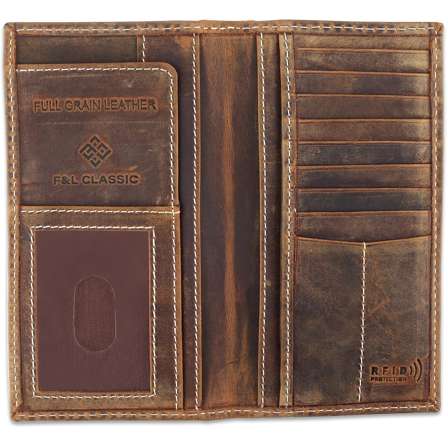 F&L CLASSIC Men's RFID Vintage Look Genuine Leather Long Bifold Wallet Checkbook Wallets,buffalo wax vintage leather,240 wax brown w/white stitching