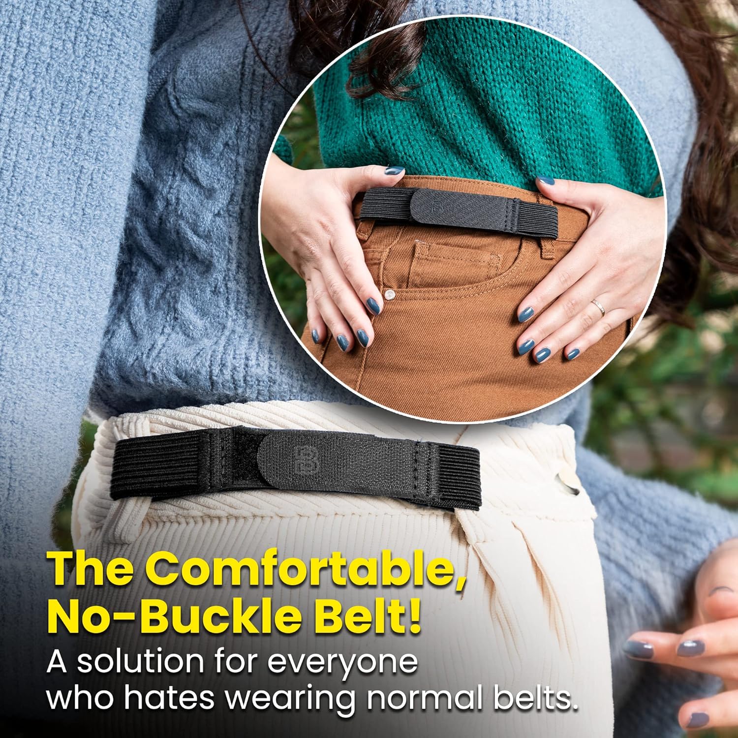 BeltBro For Women No Buckle Elastic Belt — Fits 1 Inch Belt Loops, Easy To Use