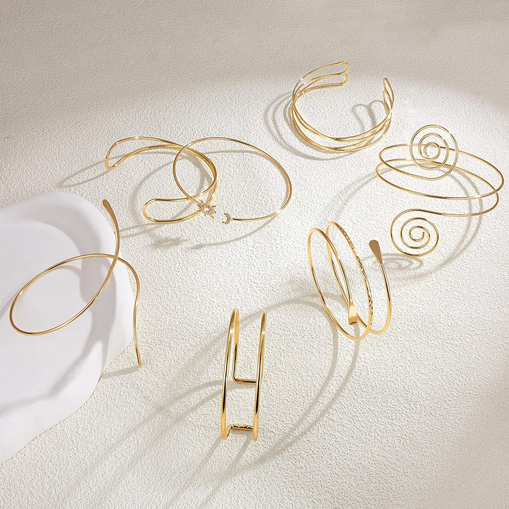 7 Pcs Arm Cuff Jewelry for Women Gold Upper Arm Cuff Bangle Band Armlet Adjustable Arm Cuff Bracelet