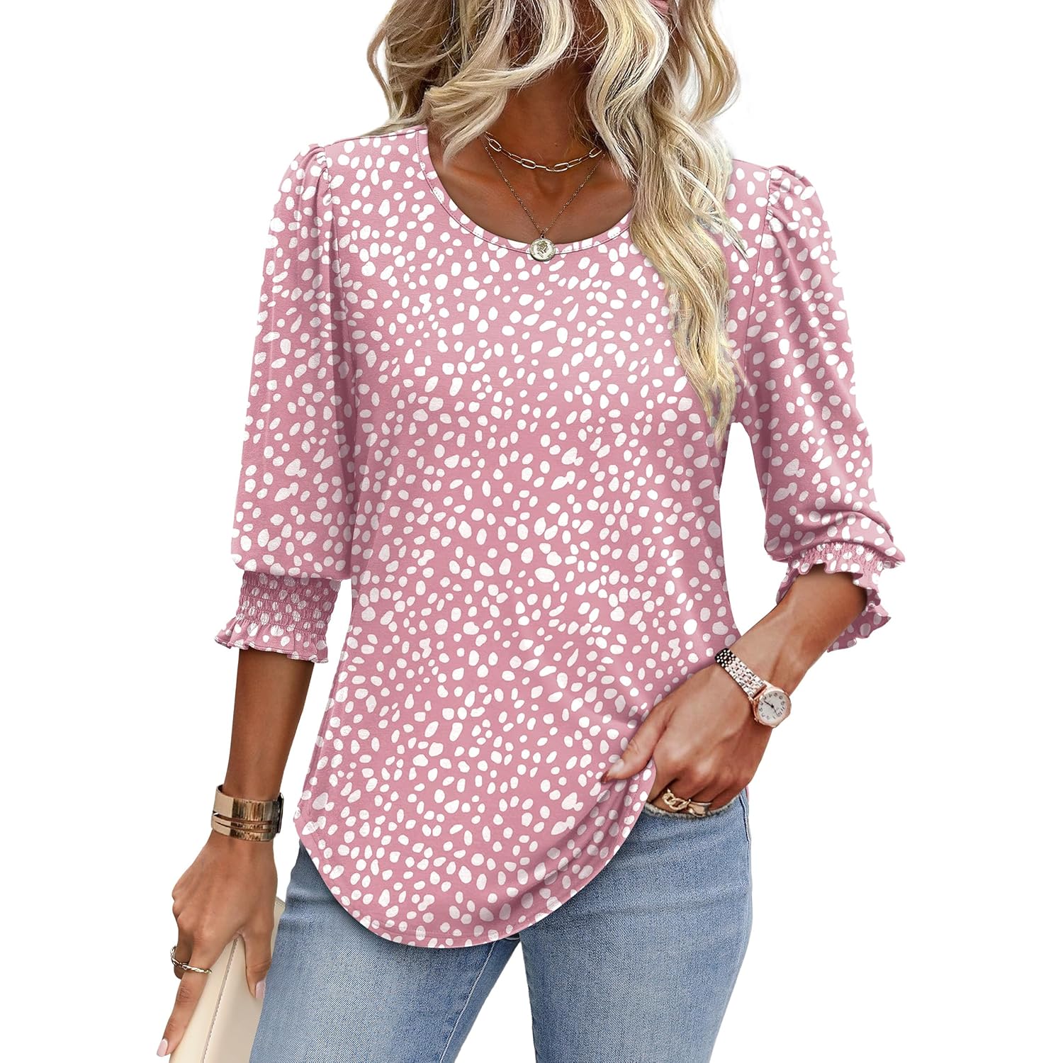 XIEERDUO Blouses for Women Dressy Casual 3/4 Length Sleeve Womens Tops with Smocked Cuffs