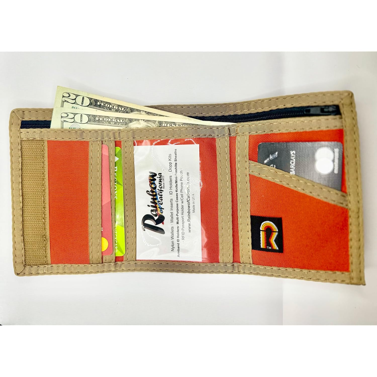 Tactical Nylon Trifold Wallet with Inside ID for Men - Durable 600D Cordura, Water-Resistant, 15+ Card Slots, for Military, Outdoor & Travel, Compact 5x3.25in, USA Made (Orange w/ Coyote Brown Trim)