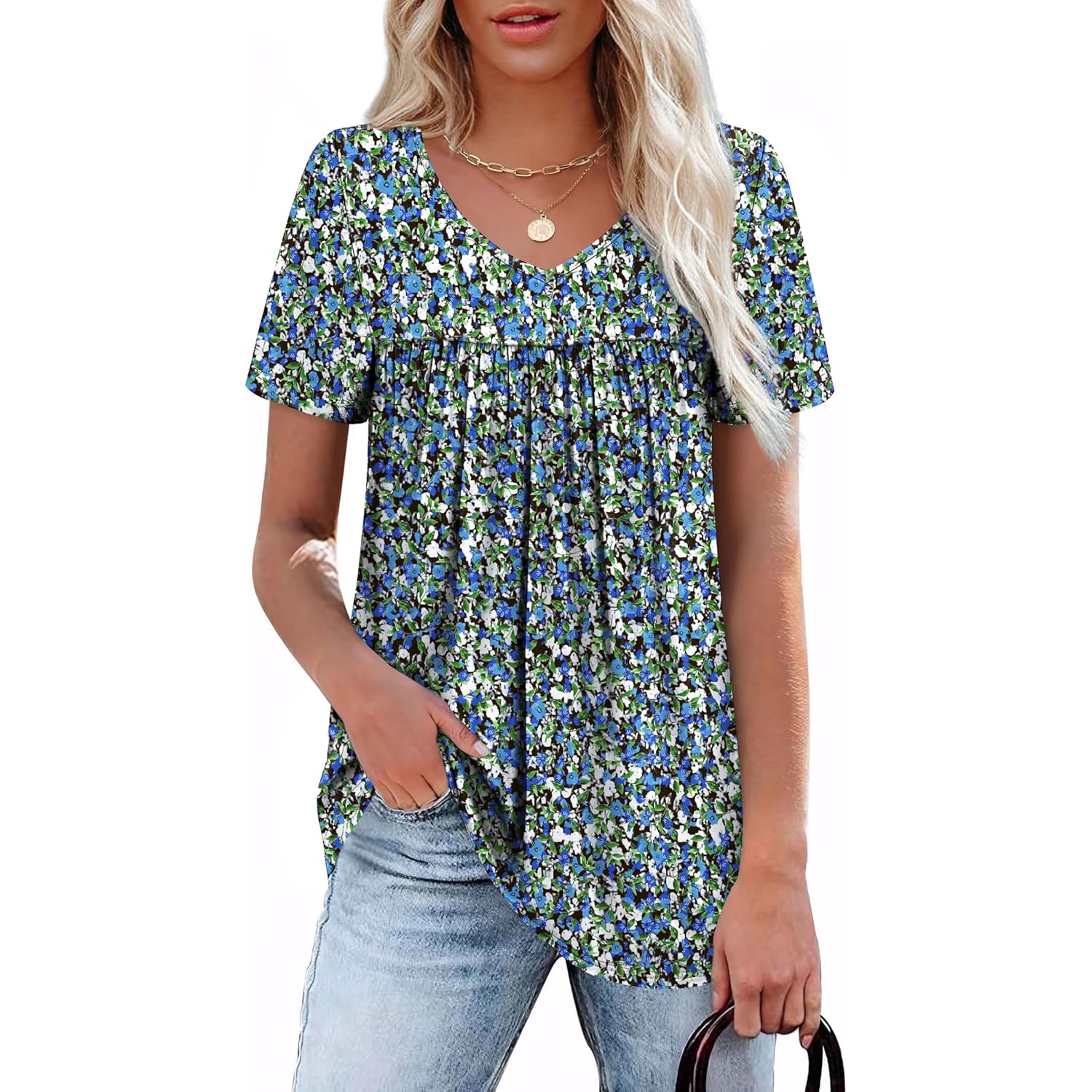 WEESO Womens T Shirts Short Sleeve Pleated Dressy Casual V Neck Summer Tops Blouses