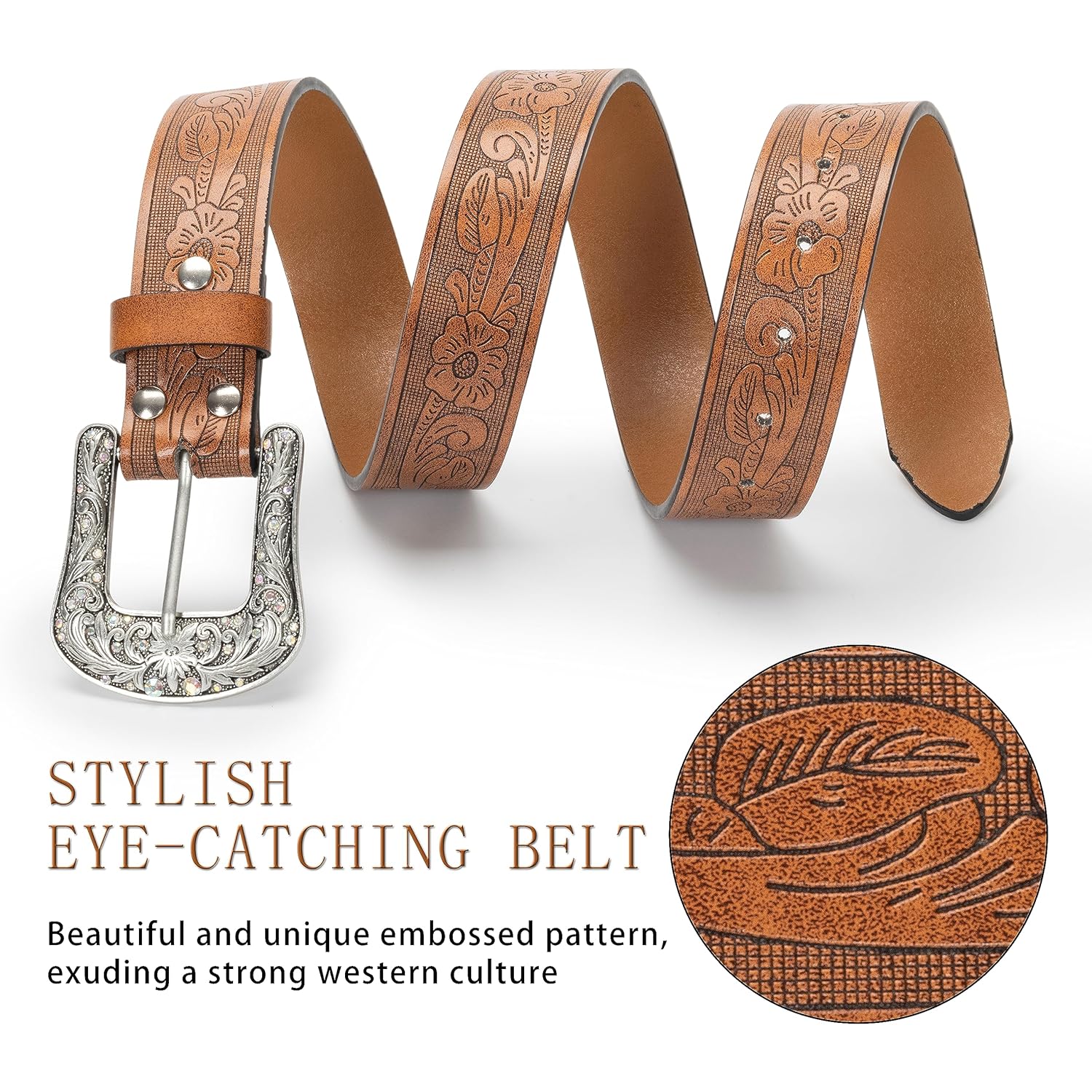 Western-Belt-for-Women-Cowgirl, PU-Leather-Waist-Belts with Vintage-Carved-Buckle and Tips-Ends for Jeans Pants Dresses