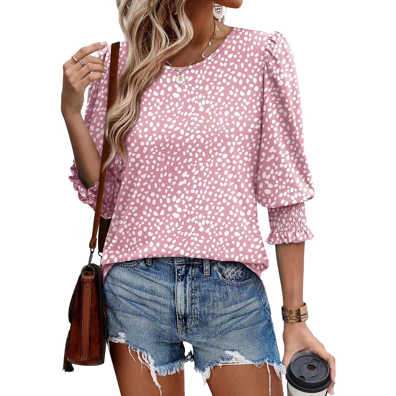 XIEERDUO Blouses for Women Dressy Casual 3/4 Length Sleeve Womens Tops with Smocked Cuffs