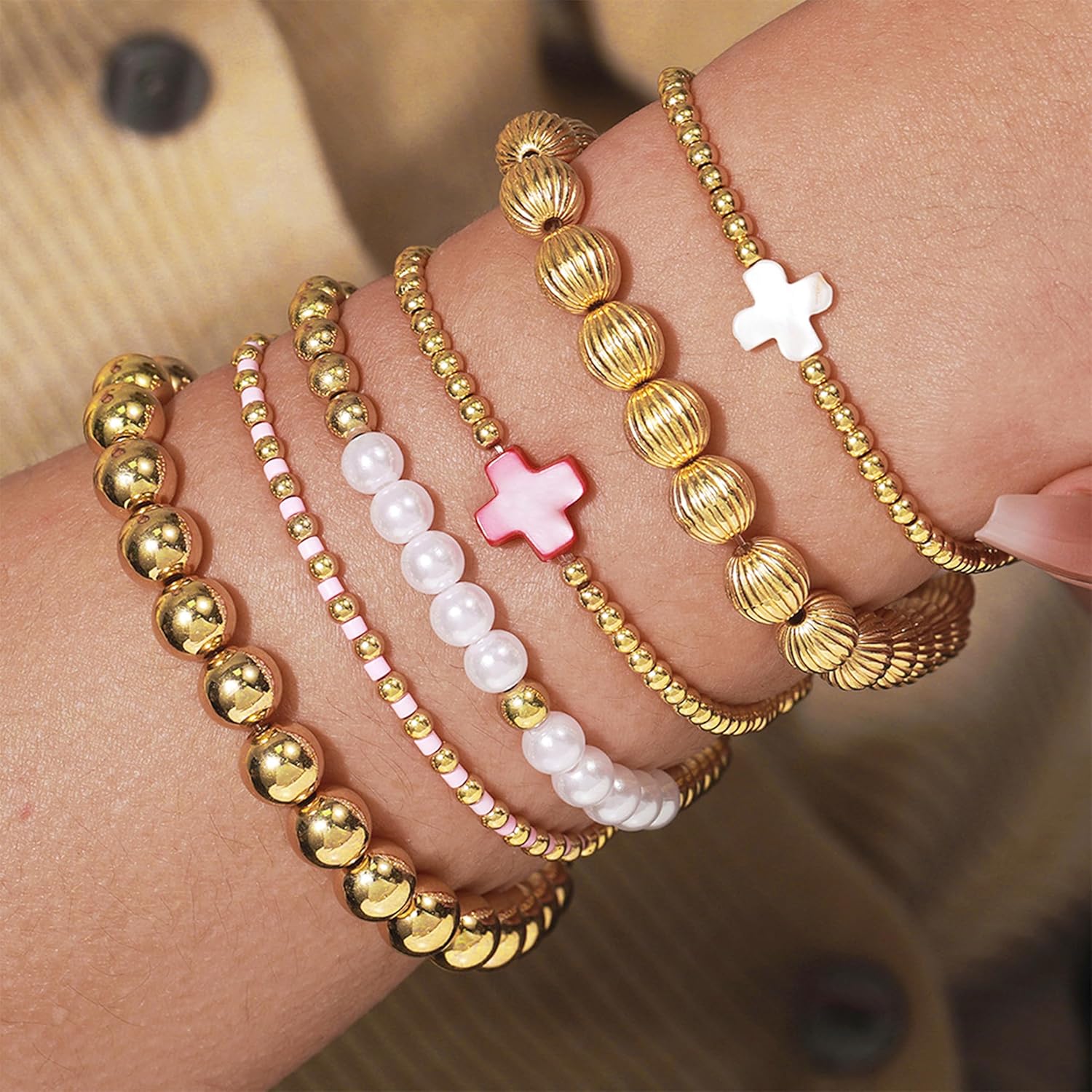HUASAI Gold Beaded Bracelet Stack for Women Trendy Non Tarnish Chunky Stretch Paperclip Cross Pearl Bracelets Set Stackable Jewelry Costume Accessories
