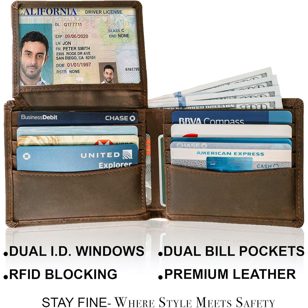 Top Grain Leather Wallet for Men | RFID Blocking | Extra Capacity Bifold Wallet with 2 ID Windows | Ultra Strong Stitching | Slim Billfold with 8 Card Slots | Gift for Him