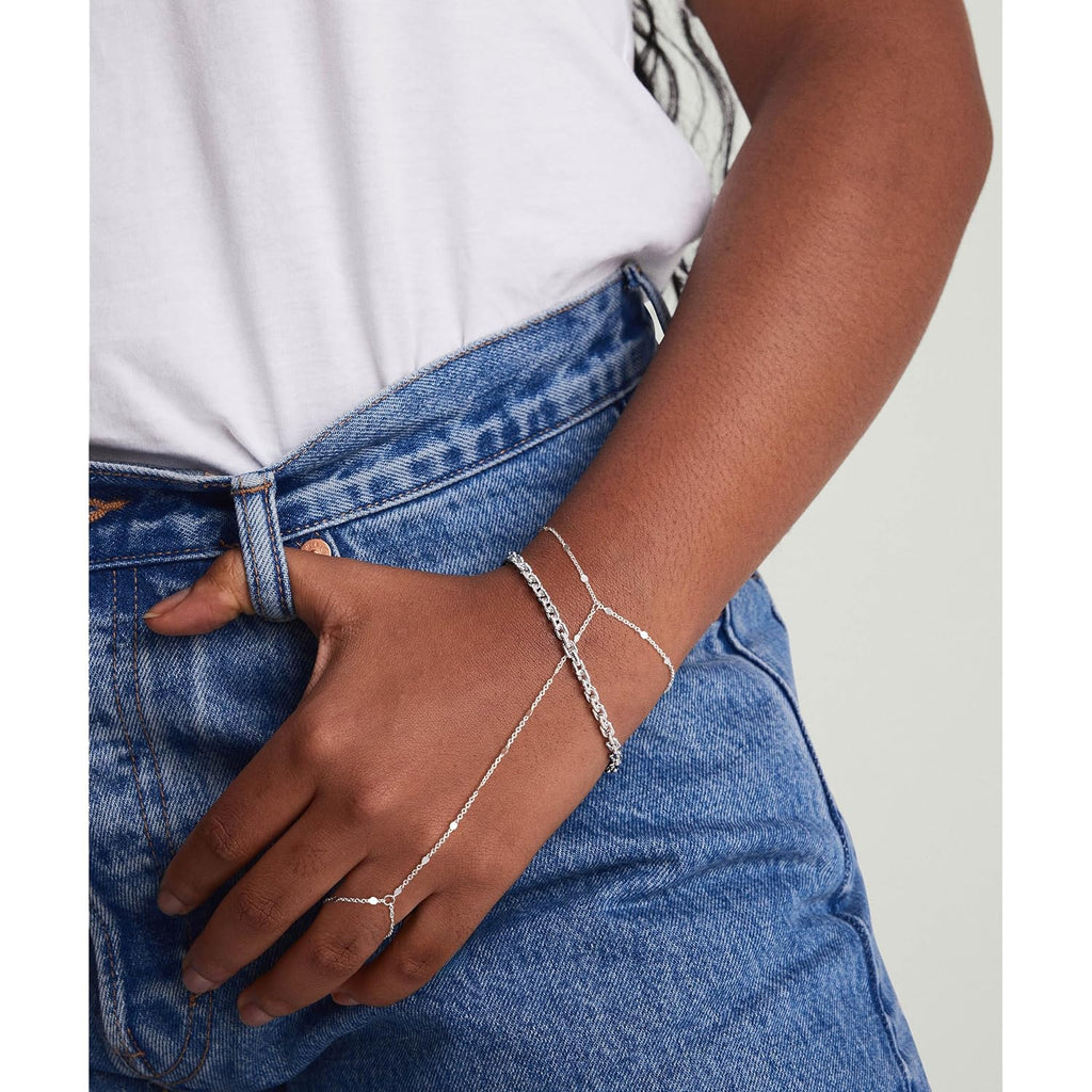 Moodear Sterling Silver Dainty Ring Bracelet Hand Chain for Women - 14K Gold Plated/Sterling Silver Layered Adjustable Satellite Bead Paperclip Dot CZ Link Hand Chain Bracelets Non Tarnish Trendy Jewelry Gift