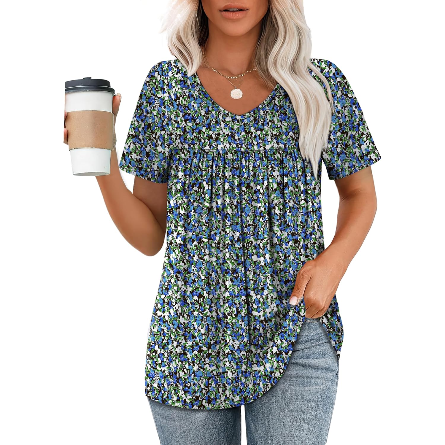 WEESO Womens T Shirts Short Sleeve Pleated Dressy Casual V Neck Summer Tops Blouses