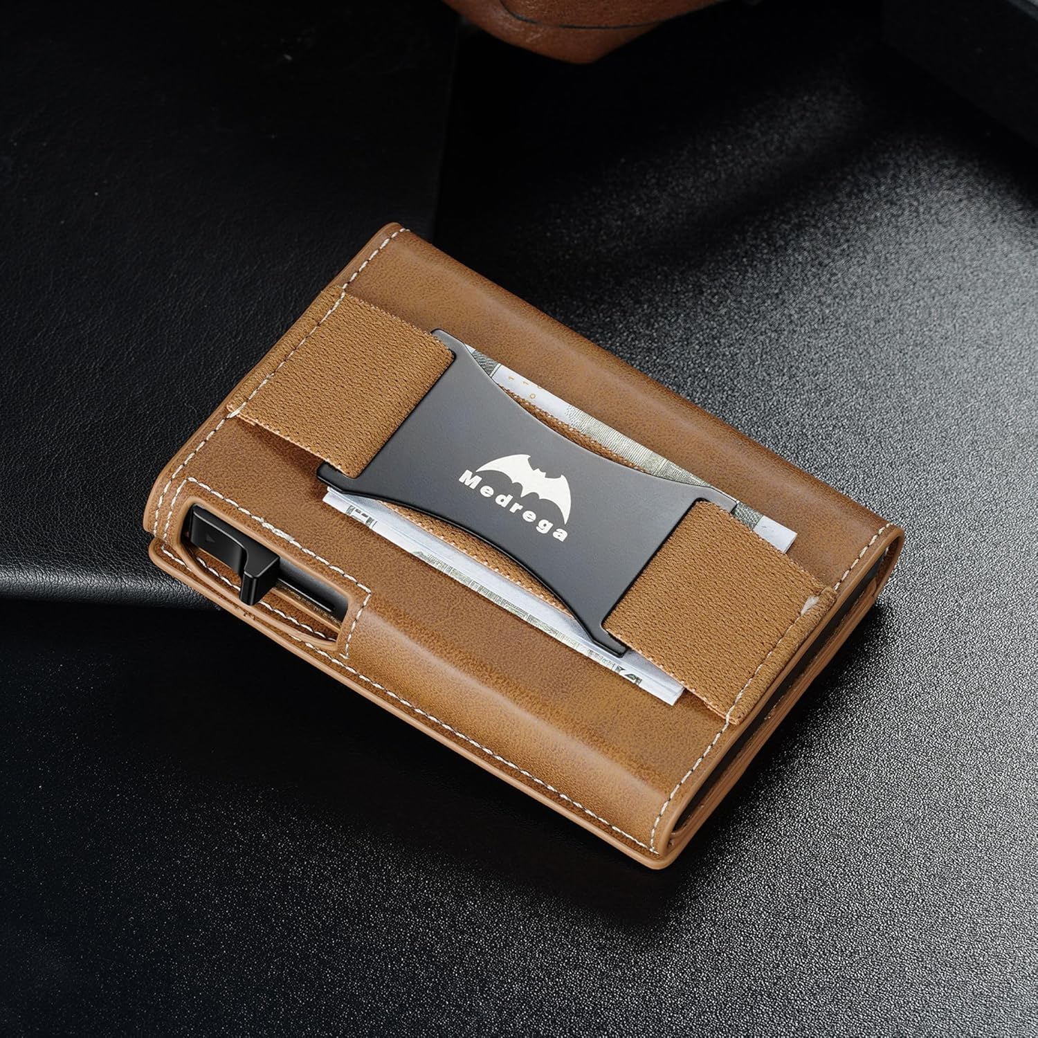 Leather Wallet for Men Slim Minimalist: Smart Pop Up Wallet with Cash Strap - RFID Front Pocket Trifold Credit Card Holder - Gift for Man Husband at Anniversay Brithday