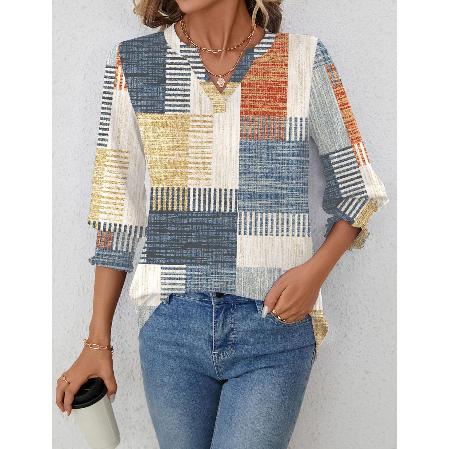 LOMON Women's 2025 Fashion Tops 3/4 Length Sleeve Business Casual Blouses Summer Tees Shirts（S-4XL