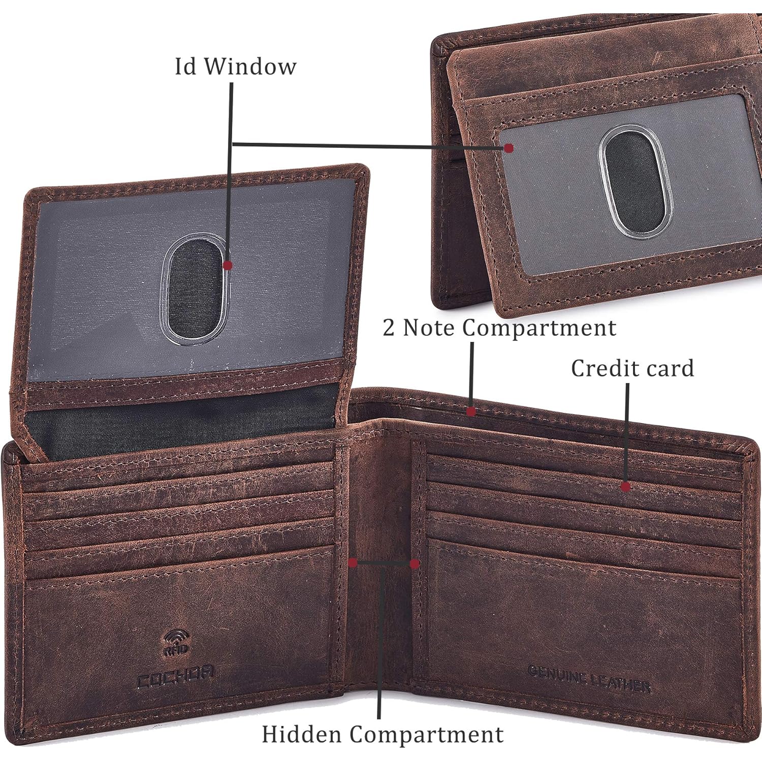 Bifold Wallet for Men's Real Genuine Slim Leather RFID Blocking 2 ID Windows Stylish Travel Gift Box (CRAZY HORSE, COGNAC)