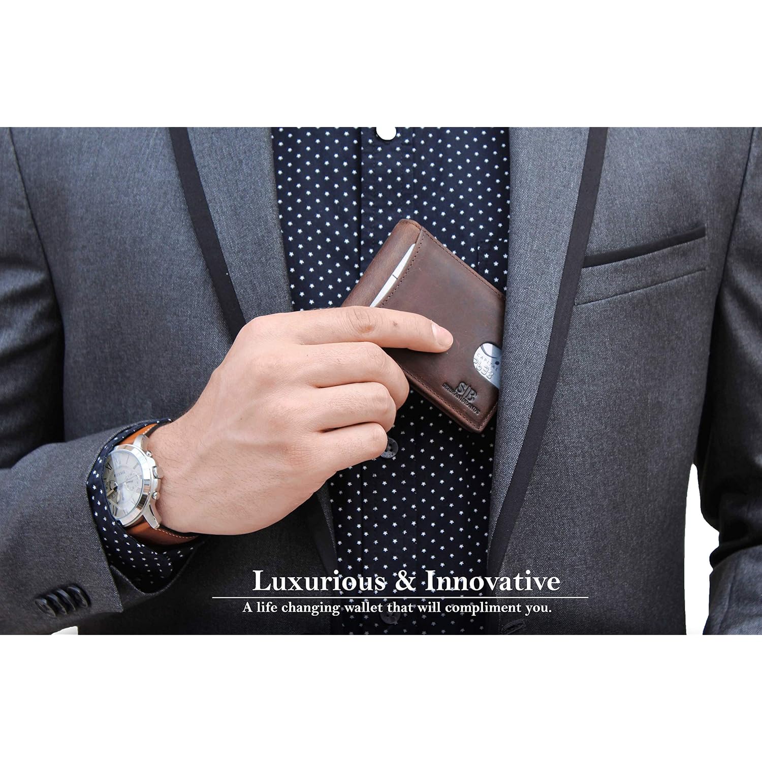 SERMAN BRANDS RFID Blocking Slim Bifold Genuine Leather Minimalist Front Pocket Wallets for Men with Money Clip Thin Mens