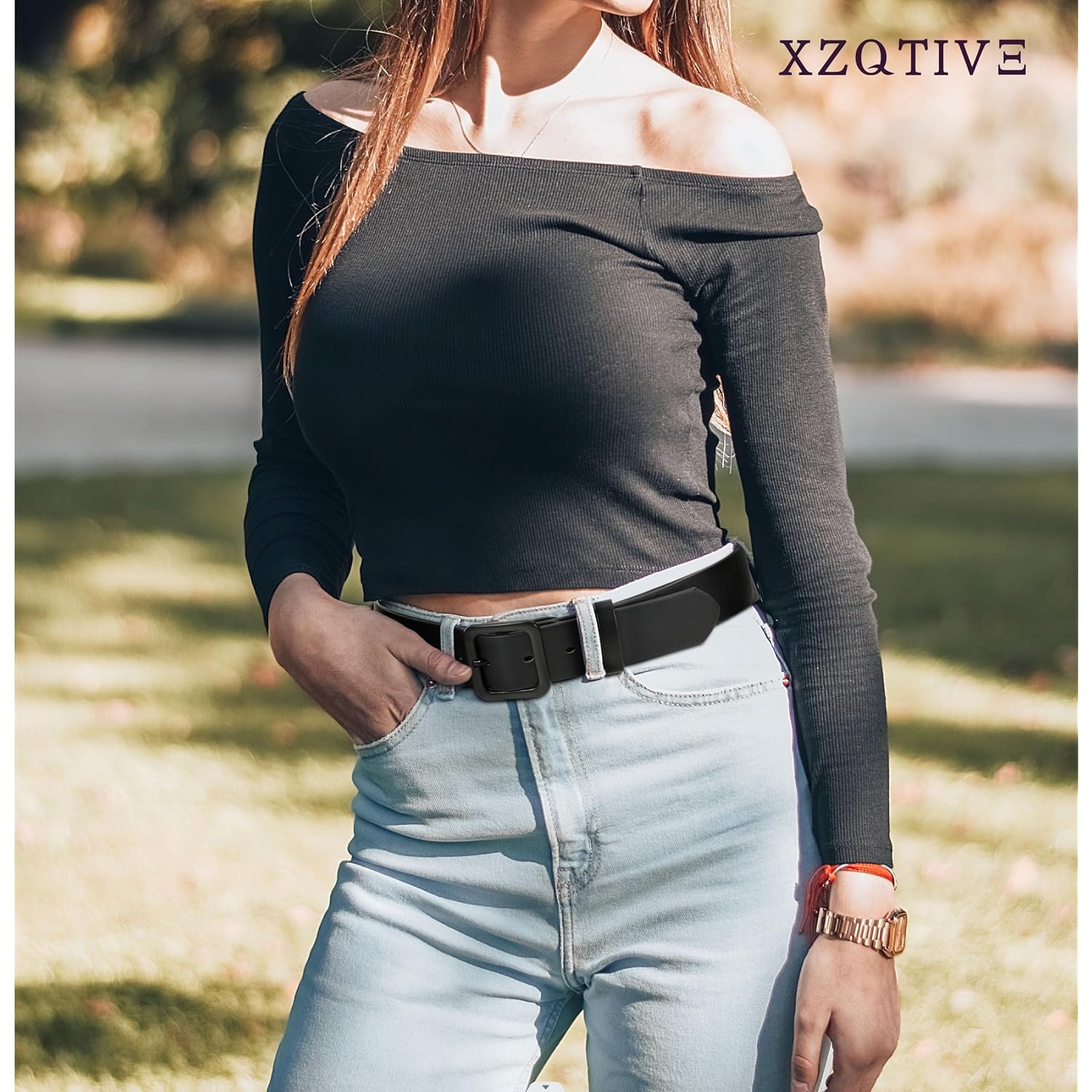 XZQTIVE Women’s Leather Belts for Jeans Pants Dresses Fashion Ladies Black Belt with Square Buckle