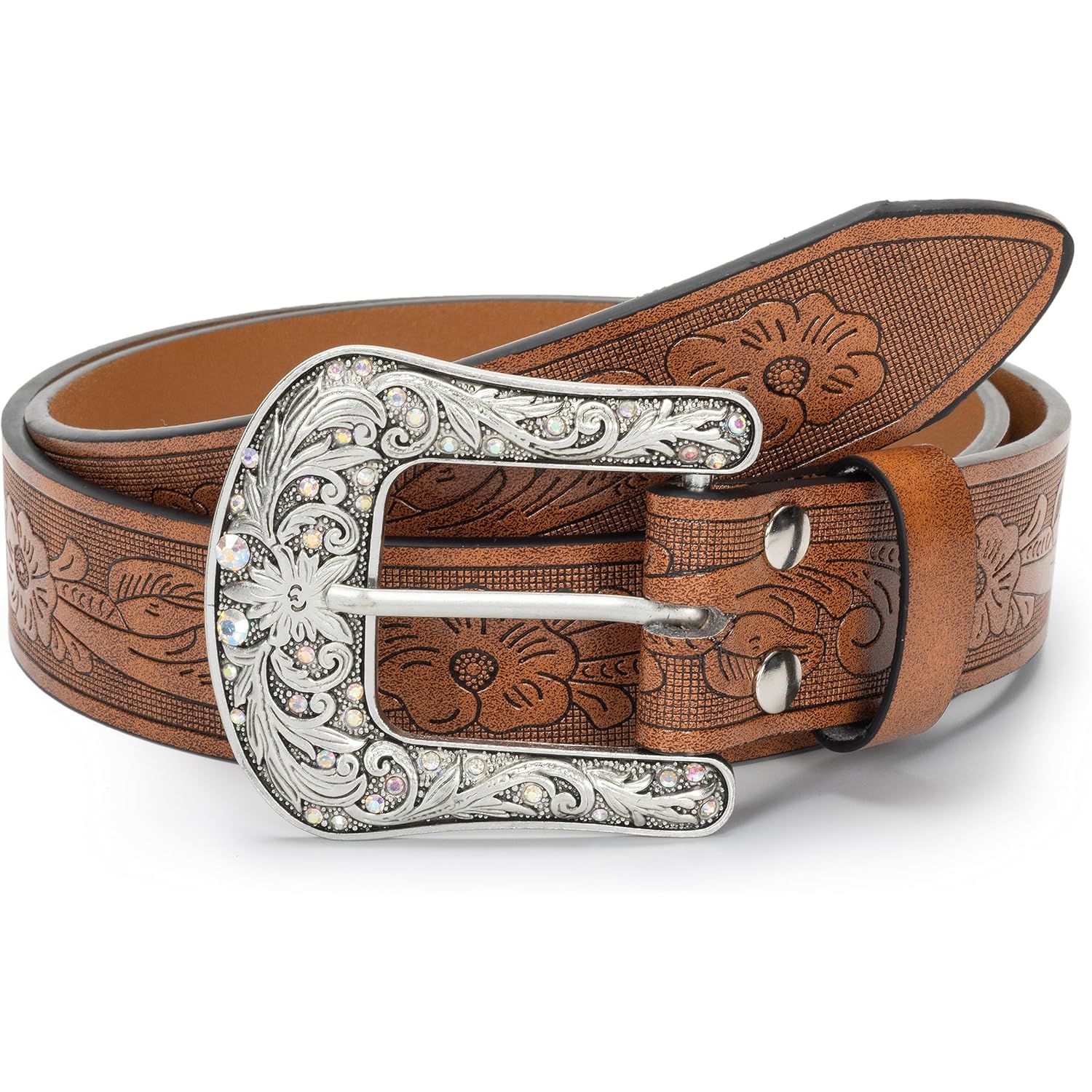 Western-Belt-for-Women-Cowgirl, PU-Leather-Waist-Belts with Vintage-Carved-Buckle and Tips-Ends for Jeans Pants Dresses