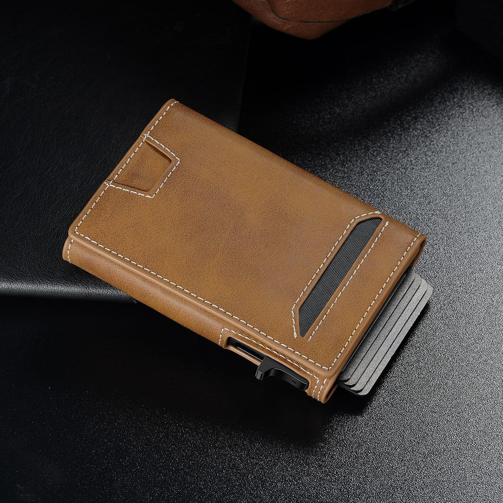 Leather Wallet for Men Slim Minimalist: Smart Pop Up Wallet with Cash Strap - RFID Front Pocket Trifold Credit Card Holder - Gift for Man Husband at Anniversay Brithday