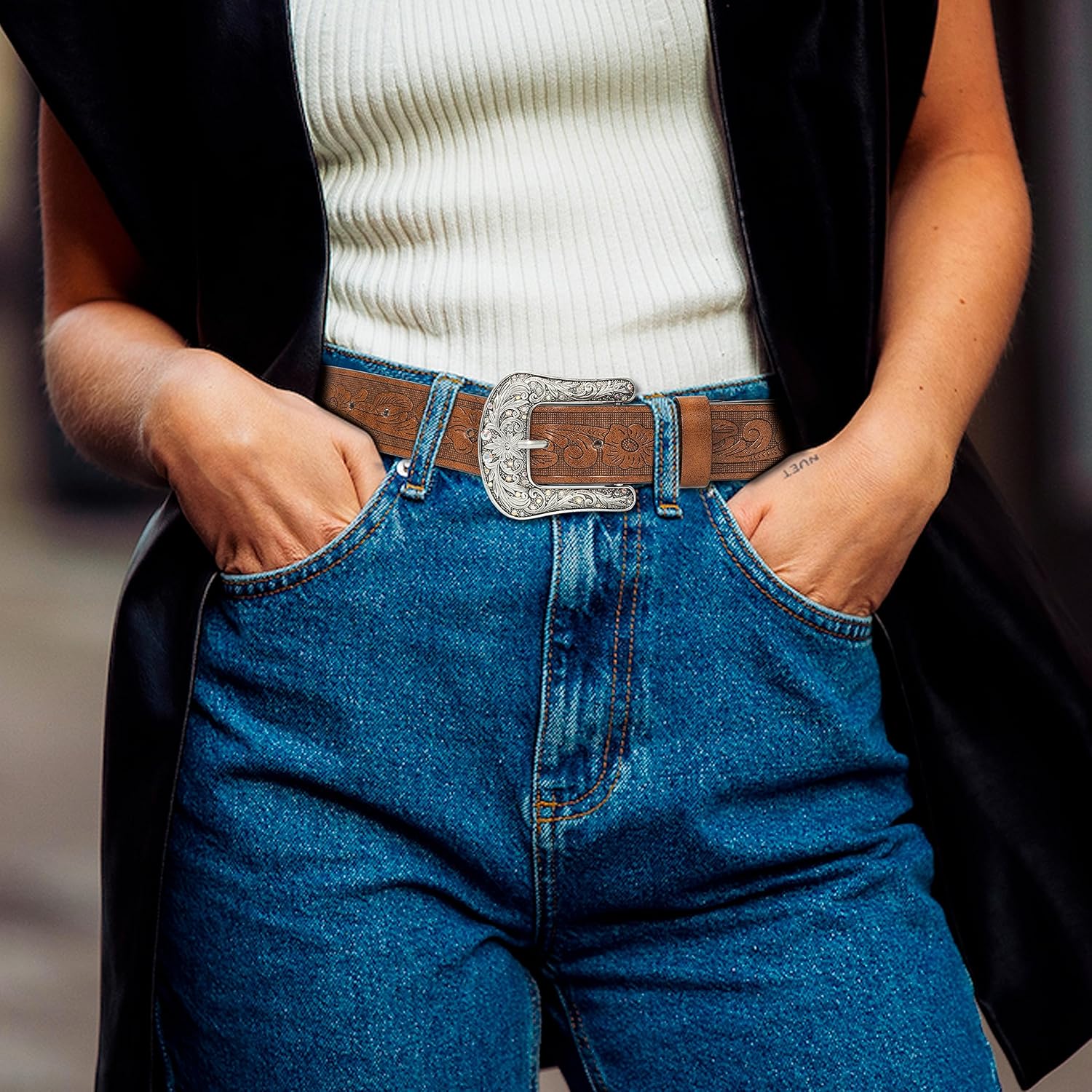 Western-Belt-for-Women-Cowgirl, PU-Leather-Waist-Belts with Vintage-Carved-Buckle and Tips-Ends for Jeans Pants Dresses