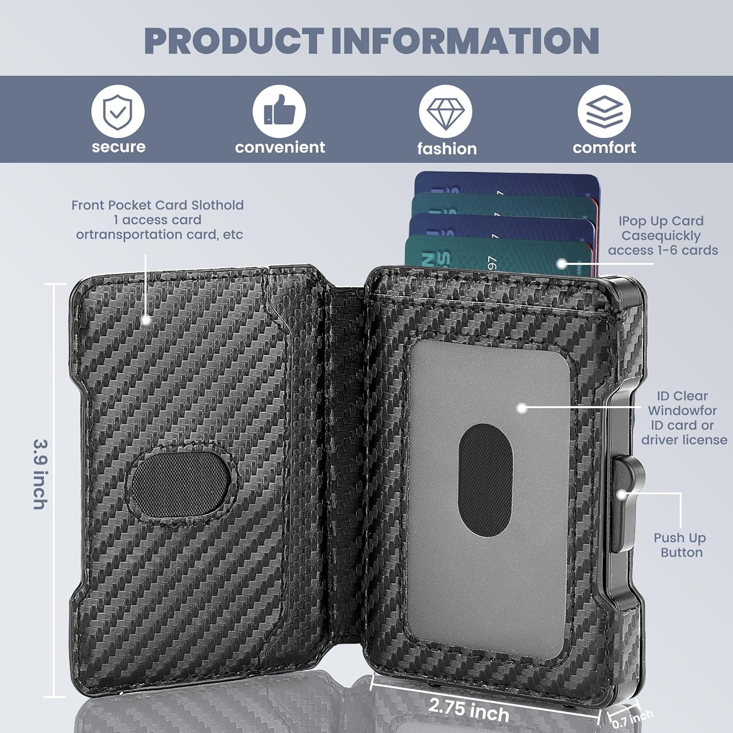 Wallet for Men, RFID Blocking Slim Mens Wallet with Money Clip, Minimalist Pop Up Card Case, ID Window, 9-11Cards Capacity, Bifold Leather Front Pocket Wallet with Gift Box (Black-Carbon Fiber)