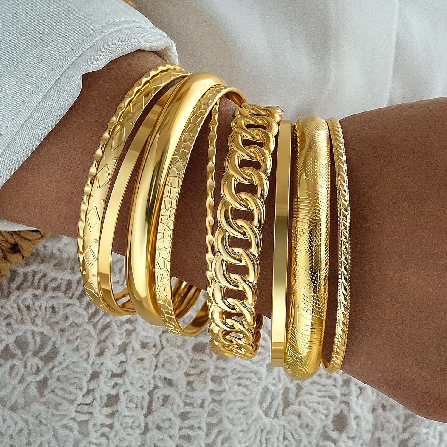 ÌF ME Gold Bangle Bracelets for Women, Indian Bangles Stackable Set, Multi Layer Textured 14K Gold Plated Chunky Bracelets Boho Jewelrys Set
