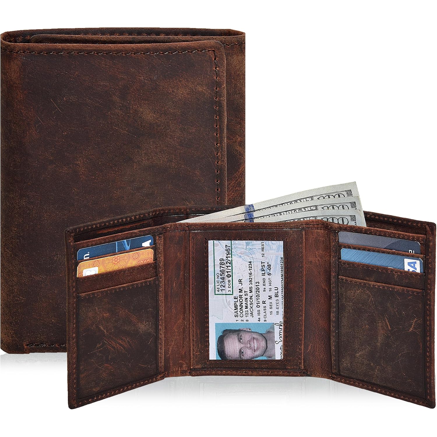 Real Leather Mens Trifold Wallet RFID Blocking Slim Minimalist Front Pocket - Thin & Stylish with ID Window in Gift Box