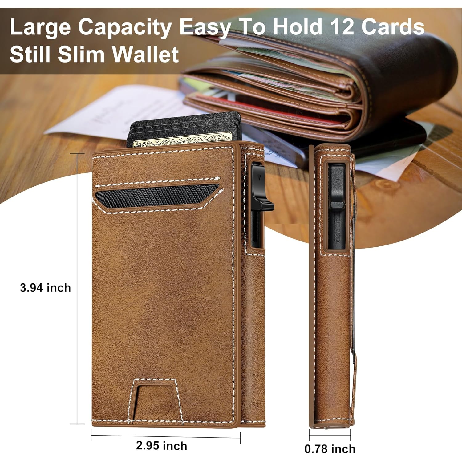 Leather Wallet for Men Slim Minimalist: Smart Pop Up Wallet with Cash Strap - RFID Front Pocket Trifold Credit Card Holder - Gift for Man Husband at Anniversay Brithday