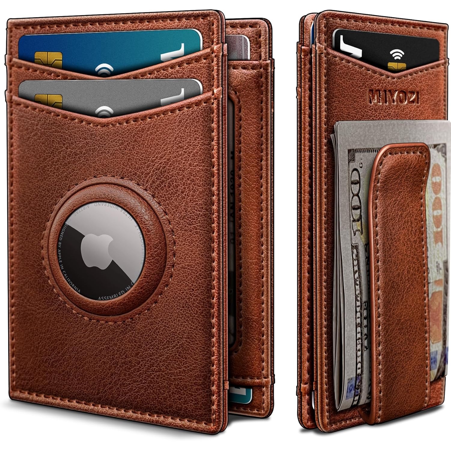 Airtag Wallet for Men- with Money Clip Gift Boxed, Magnetic Closure Slim Genuine Leather Front Pocket Wallet, 4.1"x 2.8", RFID Blocking