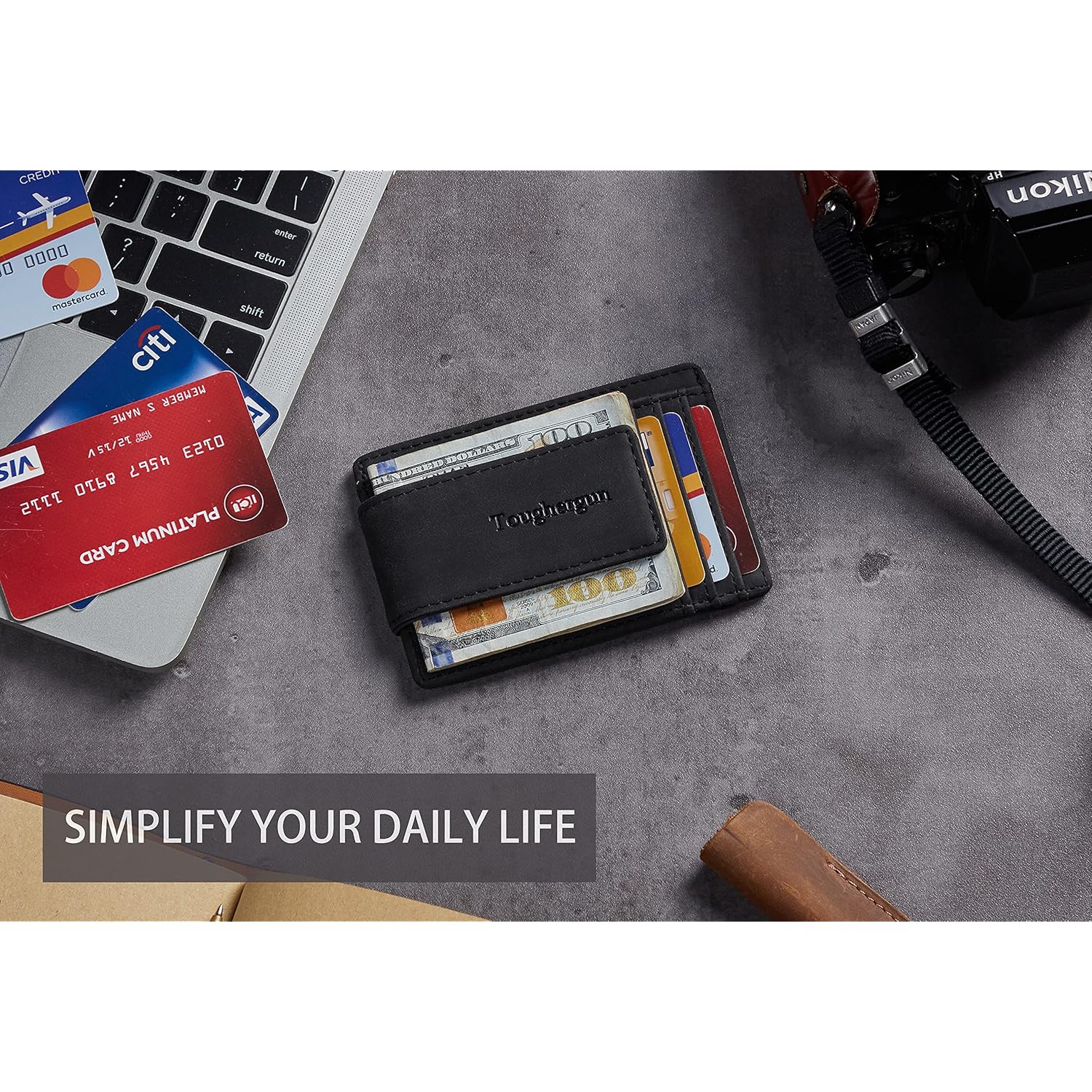 Toughergun Slim Minimalist Wallet for Men with Magnetic Money Clip Leather Wallet, Credit Card Holder RFID Blocking Front Pocket Holds Cash and Cards