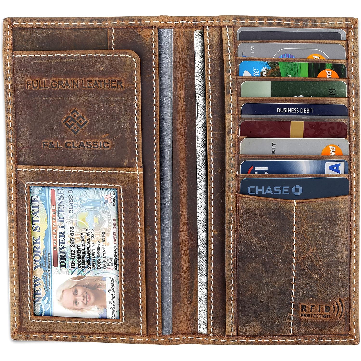 F&L CLASSIC Men's RFID Vintage Look Genuine Leather Long Bifold Wallet Checkbook Wallets,buffalo wax vintage leather,240 wax brown w/white stitching